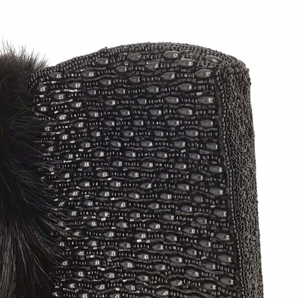 Mitchie’s Black Beaded Evening Bag Faux Fur Trim Top Handle Purse NWT Vintage - Picture 13 of 16